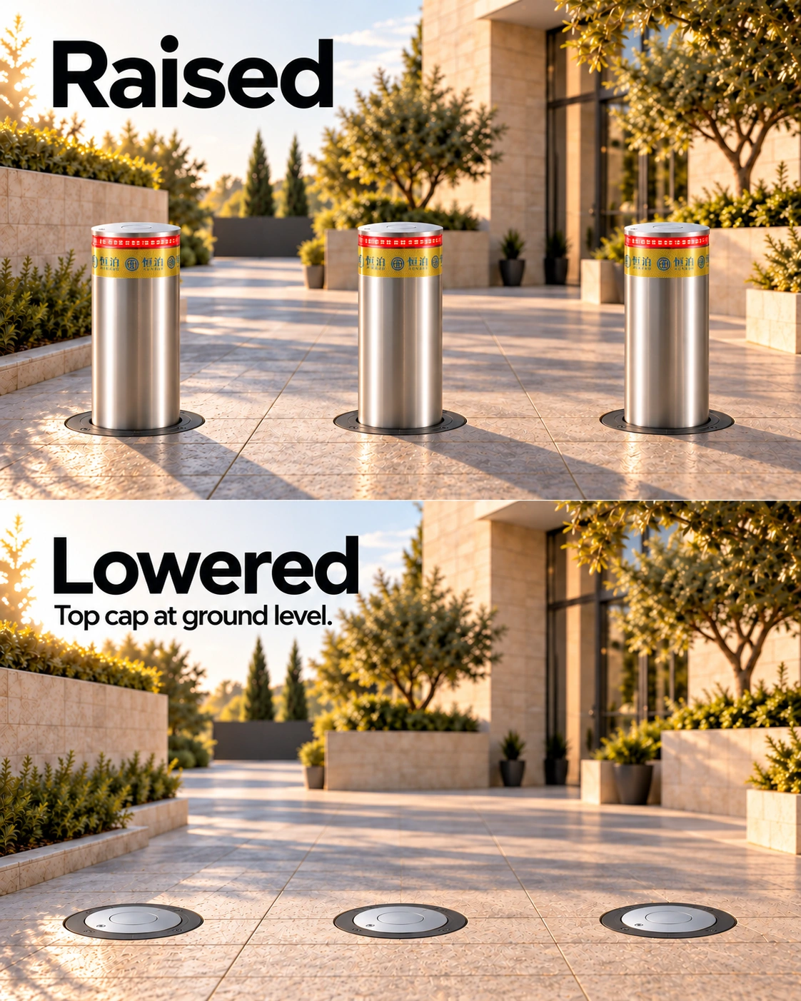 Three LZ-051 bollards raised above the paving, with stainless steel cylinders, red warning rings and yellow reflective bands; underground housings are hidden