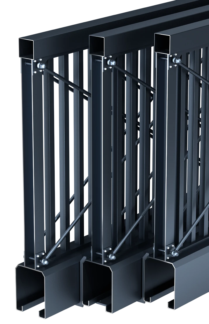 FD-02 original sectional cutaway showing three parallel leaves, uprights, braces and lower beam profiles