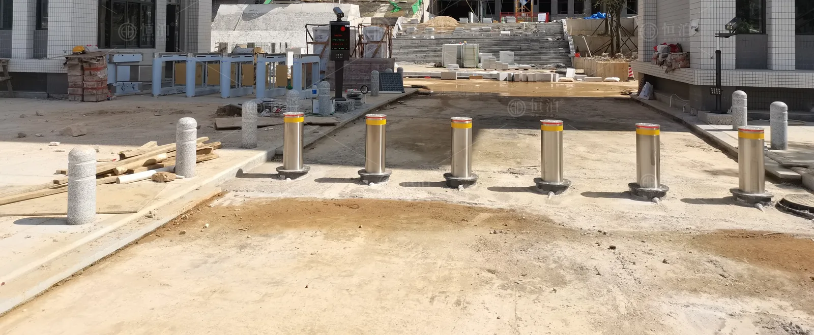 Bollards at a school arrival plaza — Medan, Indonesia.