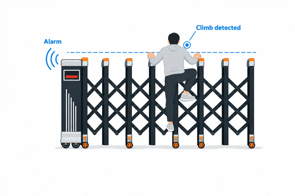 A person climbing above the retractable gate triggers the infrared alarm.
