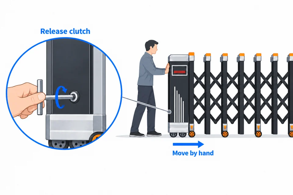 A key releases the clutch on the lower left side of the drive head, allowing the gate to be moved by hand.
