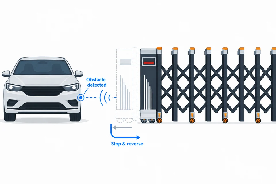 Infrared detection waves reach a vehicle; the gate stops and reverses away from it.