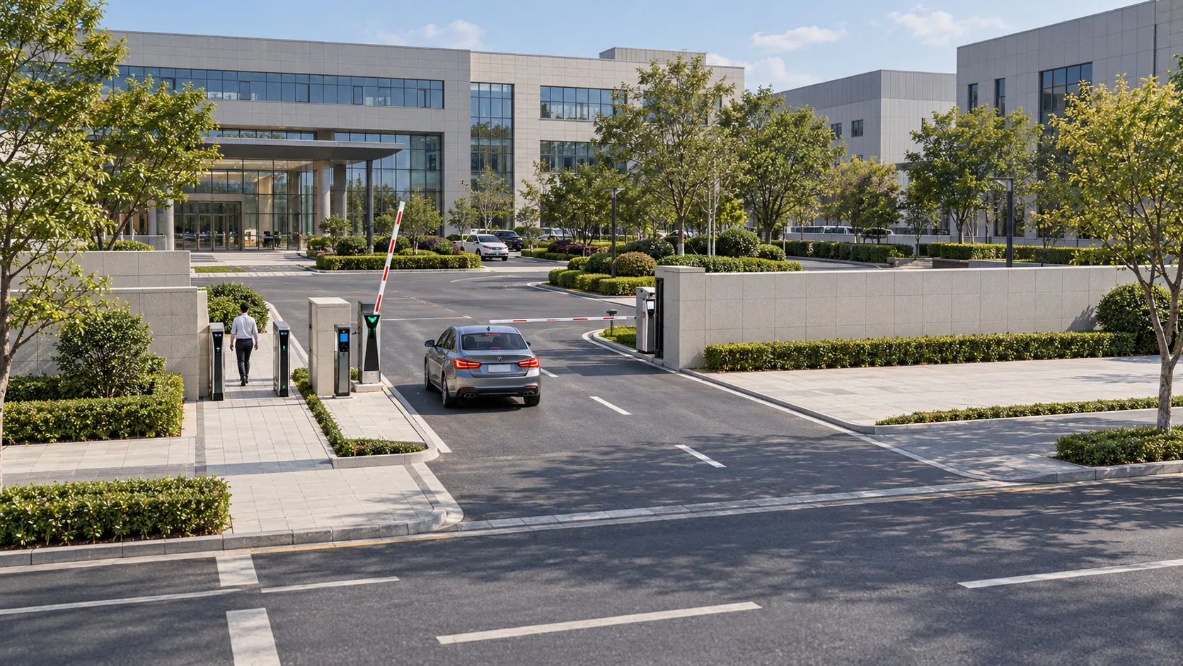 AI-generated campus entrance concept showing buildings, landscaped paths, a separate pedestrian passage and clear vehicle lanes with the main gate fully retracted behind the right wall